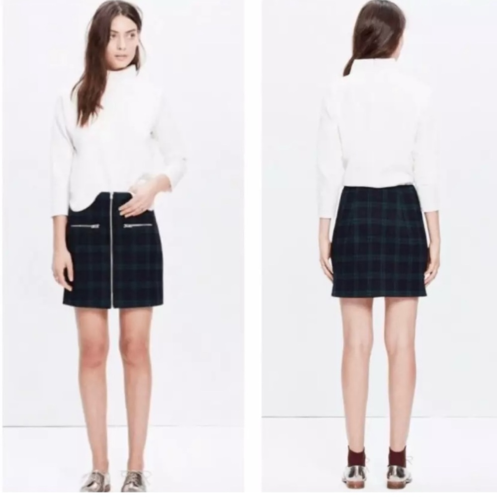 Madewell Mini Skirt Sz 2 Zip Front Green Tartan Plaid Wool Blend Women’s Classic